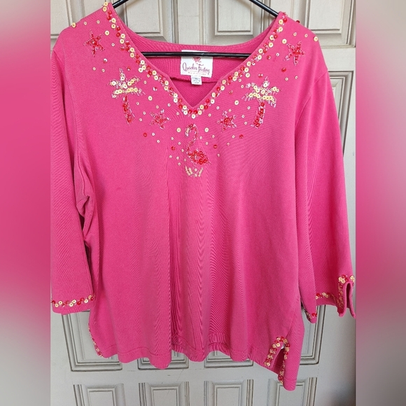 Quacker Factory Pullover Pink Sequins V Neck SzXL 3/4Sleeves 100% Cotton Quality - Picture 1 of 10